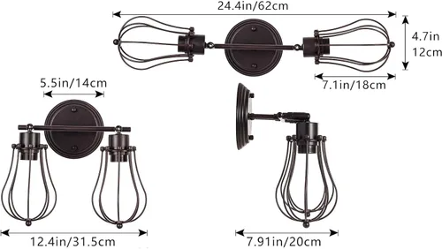 Vista 2 de Luling - Aplique de pared industrial Luling rústico loft, luces de pared antiguas, jaula de alambre, enchufe ajustable, accesorios de lámpara retro