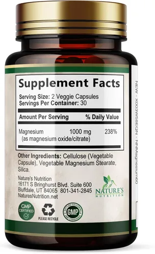 Vista 9 de Citrato de magnesio 1000 mg por porción – Magnesio extra fuerte para huesos, músculos, nervios y apoyo a la salud del corazón, suplemento