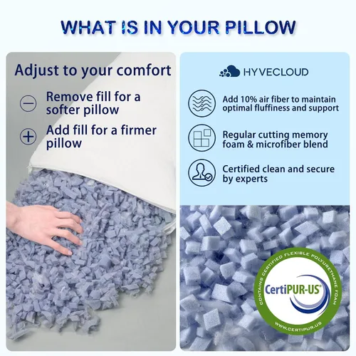 Vista 4 de Almohadas de espuma viscoelástica triturada para sueño profundo, almohada de cama para soporte del cuello con funda removible y lavable, almohada