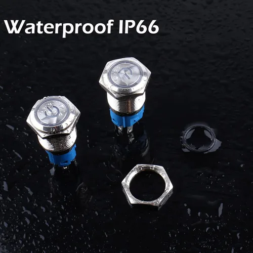 Vista 5 de 2 piezas de interruptor de botón de metal de cierre de 16 mm, 12V-24V, encendido/apagado, 1NO 1NC, impermeable, autoblocante, carcasa plateada