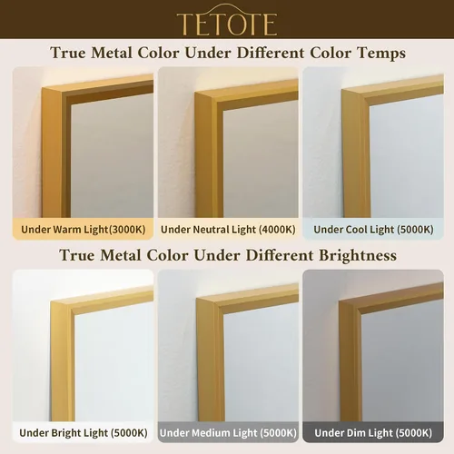 Vista 6 de TETOTE Espejo de baño dorado cepillado de 20" x 30", espejo de tocador de baño rectangular de latón dorado cepillado con marco biselado para sobre
