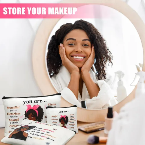 Vista 4 de Silkfly 12 Piezas Bolsa Cosmética Afroamericana para Mujeres al Por Mayor Regalo Inspiracional Cristiano Bolsa de Maquillaje para Mujeres Negras