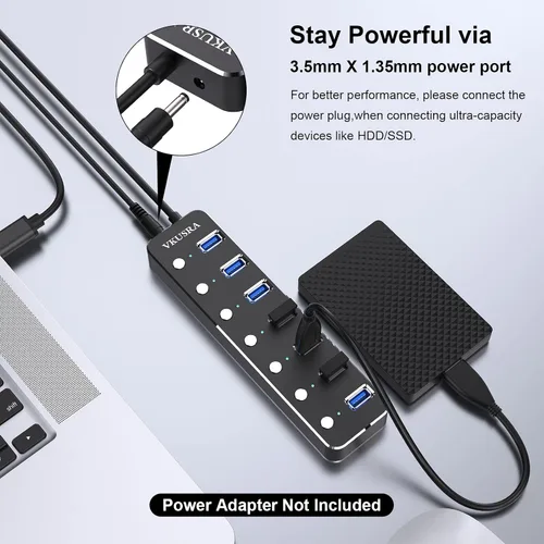 Vista 5 de Concentrador USB, concentrador USB 3.0 de 7 puertos VKUSRA con cable largo USB de 4 pies y concentrador USB 3.0 de aluminio con interruptor
