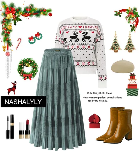 Vista 4 de NASHALYLY - Faldas largas de gasa, acampanadas, plisadas, con cintura alta y elástica para mujer