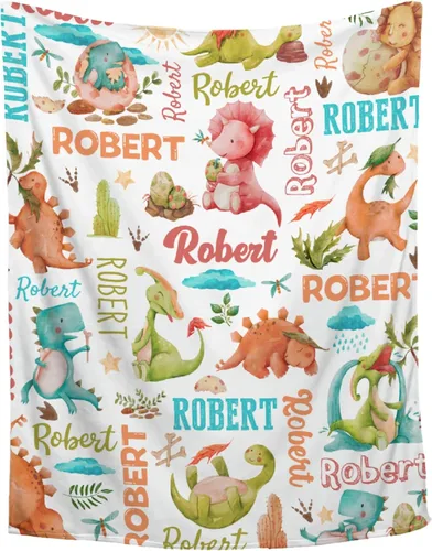 Vista 39 de Manta de regalo personalizada de dinosaurio con nombre para niñas, niños, recién nacidos, dinosaurio, manta personalizada para envolver al bebé