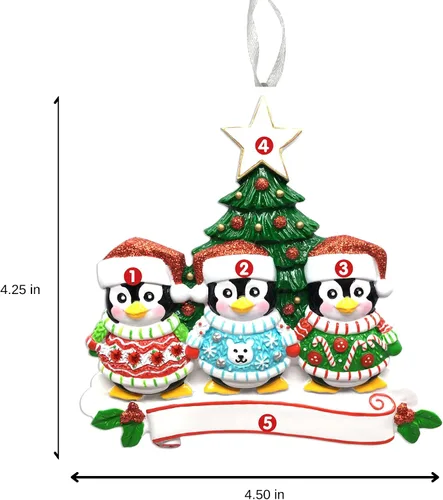 Vista 4 de Adorno de Navidad familiar 2025 – Adorno personalizado para familias – Adorno familiar de pingüinos personalizado – Decoración para árbol de Familia