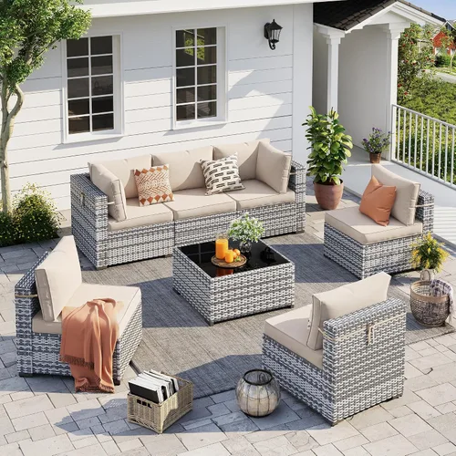 Vista 17 de UDPATIO Juego de muebles de patio al aire libre, sofá seccional modular de 7 piezas con mesa de té, juego de conversación al aire libre de mimbre PE