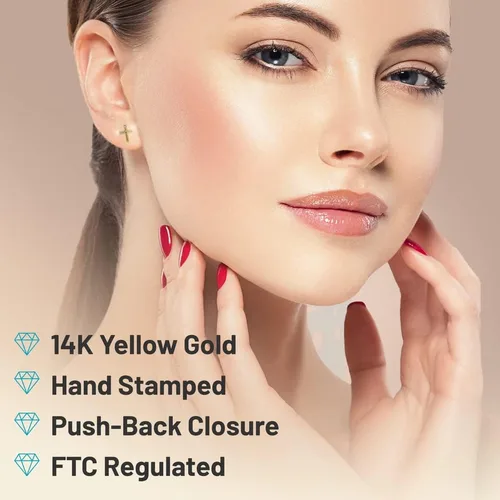 Vista 2 de JewelryWeb Aretes de cruz de oro amarillo de 14 quilates Pendientes de tuerca de fe biselada Pendientes de cruz para mujeres y niñas Joyería