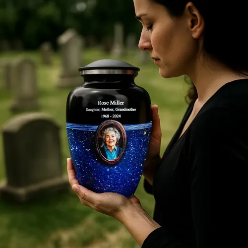 Vista 4 de Urna fotográfica de galaxia azul para cenizas humanas – Homenaje de cremación personalizado con retrato, nombre y fechas, recuerdo conmemorativo