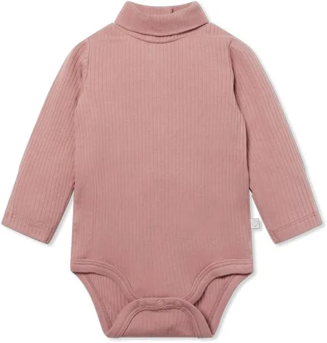 Vista 5 de MORI Body unisex de cuello alto acanalado para bebé con apertura trasera, cómodo mameluco de una pieza de cuello alto para niños y niñas azul