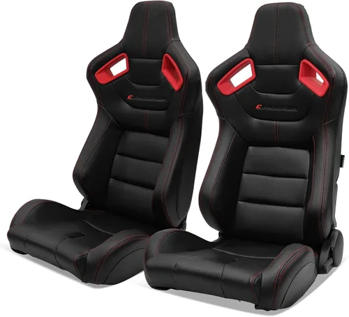 Vista 12 de IKON MOTORSPORTS, Par de asientos universales de carreras con deslizadores dobles, color negro con puntada naranja PU y cuero de carbono