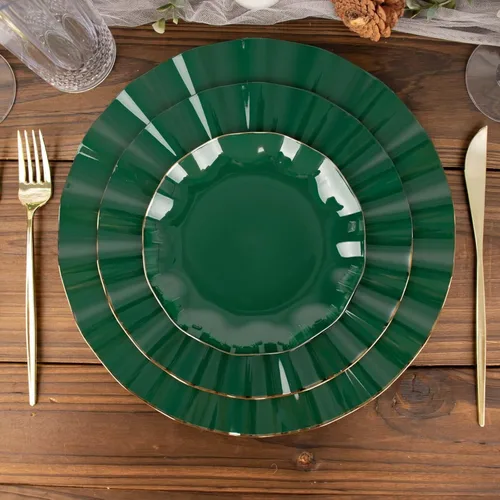 Vista 205 de Tableclothsfactory Paquete de 10 platos redondos de plástico negro de 6 pulgadas para ensalada de postre, platos desechables con borde ondulado