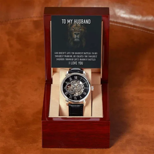 Vista 5 de Reloj To My Husband Regalo para el día del padre Regalo para marido de esposa Wife Loves Husband Reloj calado de lujo para hombre con caja