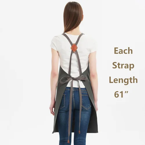 Vista 7 de AFUN Delantales de chef para mujeres y hombres con bolsillos grandes, delantal de trabajo repelente al agua de lona de algodón, talla M a XXL (gris)