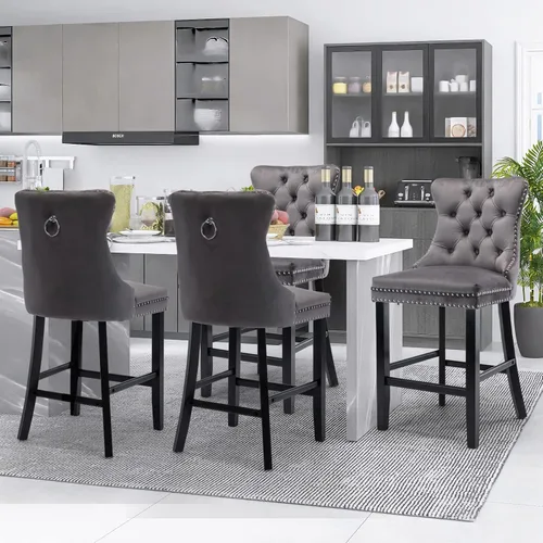 Vista 252 de SoarFlash Juego de 2 taburetes de bar tapizados de terciopelo moderno con patas de madera, botones acolchados, cabeza de clavo cromada, asiento