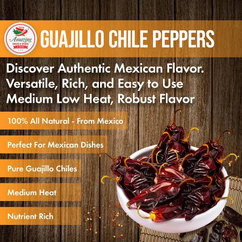Vista 3 de Guajillo Chiles Secos Enteros 4 oz – Natural y Premium. Ideal para recetas mexicanas como mole, tamales, salsa, carnes. Calor suave a medio, sabor