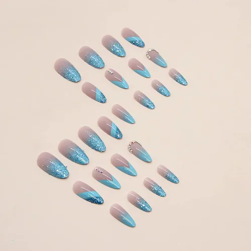 Vista 2 de IMSOHOT Uñas postizas a presión con forma de almendra, francesas, color azul medio, uñas postizas degradadas con purpurina con diseños de diamantes
