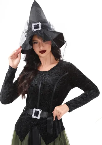 Vista 2 de Funna Disfraz de bruja para mujer, disfraz de Halloween con sombrero