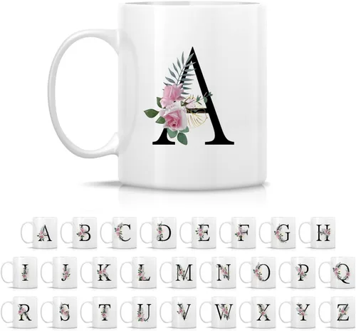 Vista 2 de Retreez Ramo botánico floral inicial A-Z con monograma, taza con monograma de cerámica de 11 onzas, regalo de agradecimiento de agradecimiento