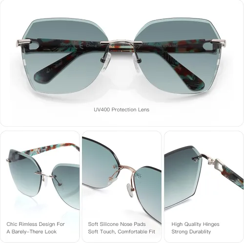 Vista 28 de ZENOTTIC Lentes de sol sin montura de gran tamaño para mujer, diseño geométrico de corte de diamante, lentes degradados, protección UV, tonos de moda