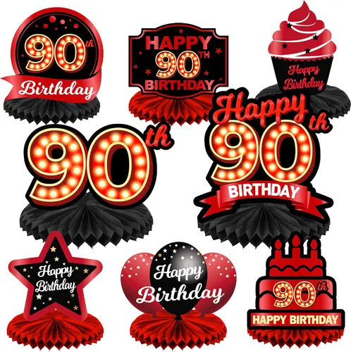 Vista 15 de Feliz 45 cumpleaños rojo y negro centros de mesa de panal de abeja decoraciones de globos decoración de mesa centros de mesa para niñas mujeres