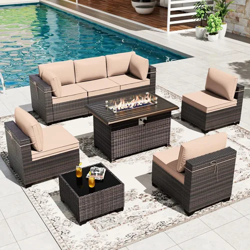 Vista 45 de Gotland Juego de muebles de patio de 6 piezas con 1 mesa auxiliar, 5 plazas de ratán seccional para exteriores con reposabrazos anchos de 29.5 Gris