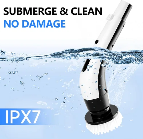 Vista 5 de Limpiador giratorio eléctrico inalámbrico con 8 cabezales de cepillo, limpieza de mano y ducha con mango ajustable, IPX7 impermeable para ducha