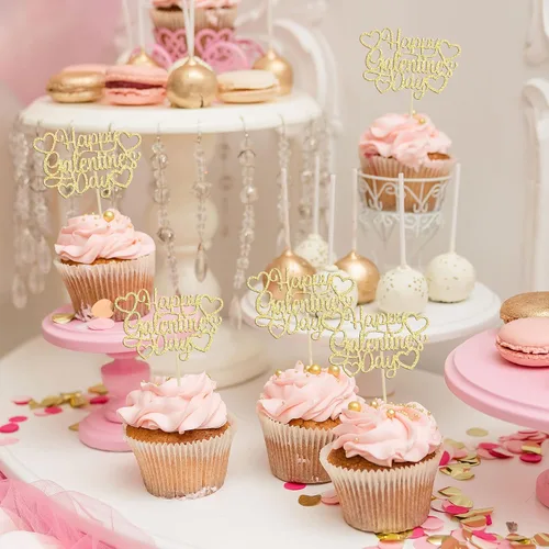 Vista 5 de 24 piezas de decoración de cupcakes con purpurina dorada para el día de San Valentín, temática de San Valentín, fiesta de cumpleaños, suministros