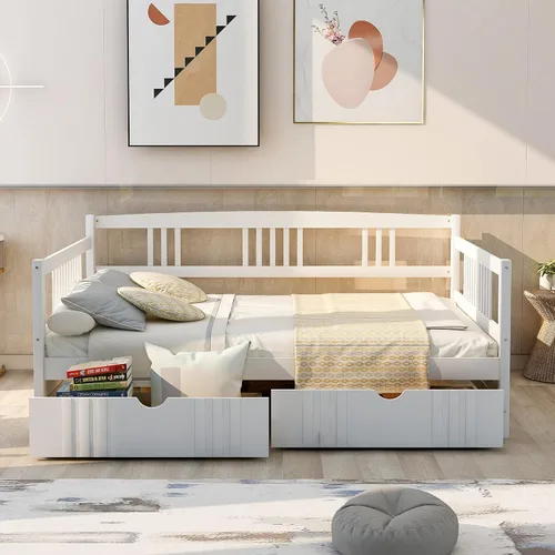 Vista 18 de P PURLOVE Sofá cama individual de madera con rieles, cama individual, listones de madera que soportan la vida moderna, individual, espresso