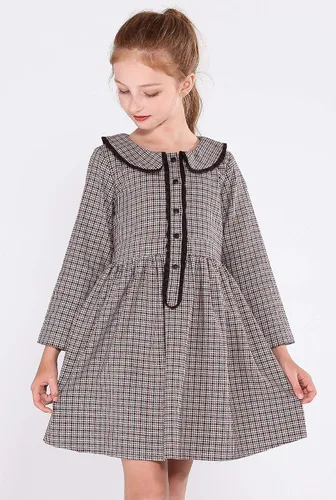 Vista 6 de SOLOCOTE Vestido a cuadros para niñas, de algodón, casual, de primavera, manga larga, cuello Peter Pan, 3-14 años