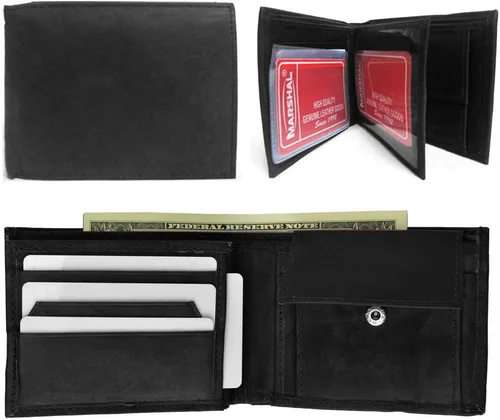 Vista 3 de Billetera de cuero genuino para hombre con ranura para tarjeta de crédito, soporte para billetes, color negro, Negro -, Billetera plegable