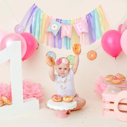 Vista 3 de Cartel de cumpleaños de 1 a 2 años de edad – Cartel para silla alta de cumpleaños con tema de dona, un grupo de tutú de cinta de arco iris suave
