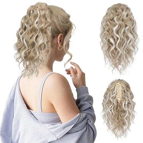 Vista 25 de Flufymooz Extensión de cola de caballo, extensión de cola de caballo corta de 12 pulgadas con pinza de garra, cabello ondulado rizado, clip