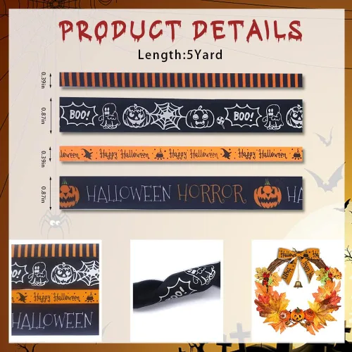 Vista 2 de 4 rollos de cintas de grogrén de 20 yardas, estampado de calabaza de Halloween, tela de araña satinada, rayas negras y naranjas, cintas de envoltura