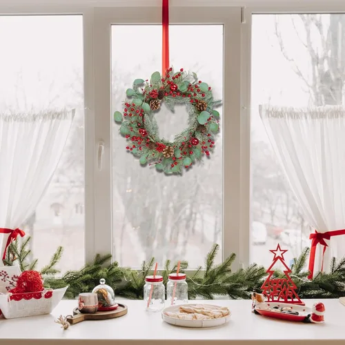 Vista 7 de Pauwer Corona de Navidad con bolsa de almacenamiento, coronas de Navidad para puerta delantera, corona de Navidad al aire libre decorada con bayas