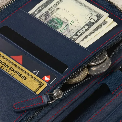 Vista 4 de TORRO Cartera de viaje Organizador de viaje de cuero genuino con soporte para pasaporte y tarjetero desmontable, Azul marino con detalle rojo