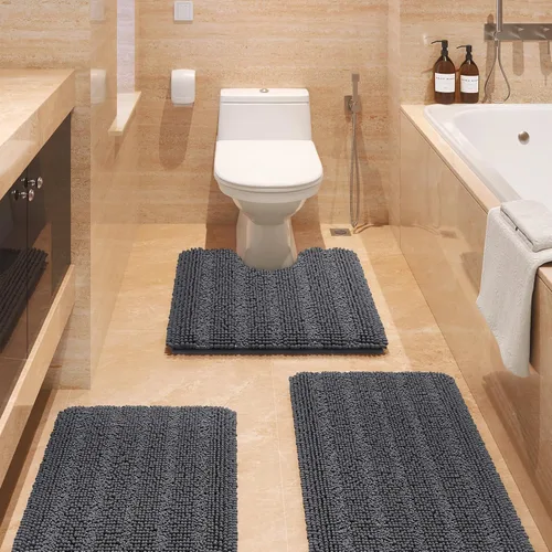 Vista 64 de ACCUMTEK - Juego de alfombras de baño a rayas beige de 3 piezas, ultrasuaves, antideslizantes de chenilla, alfombras de baño mullidas y absorbentes