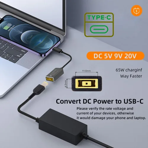 Vista 6 de CY Cable rectangular Jack Thinkpad X1 Entrada a USB-C Tipo-C Cable de carga para teléfono portátil PD9V 5V 20V