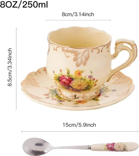 Vista 3 de Juego de 2 tazas de té y platillos de 8 onzas (floral colorido)