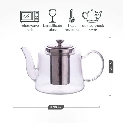 Vista 2 de Aserson Tetera de vidrio de 37.2 fl oz/37 oz, resistente al calor, infusor de acero inoxidable, hecha a mano, cafetera de té de hojas, vidrio