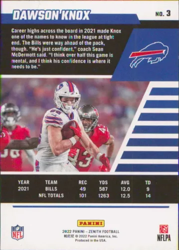 Vista 2 de 2022 Panini Zenith Retail #3 Dawson Knox Buffalo Bills Football Card - GotBaseballCards