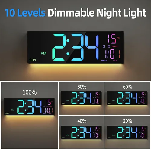 Vista 4 de LEIKE Reloj de pared digital grande de 16.2 pulgadas con control remoto, LED grande, alarma dual, 8 colores RGB, brillo automático, fecha, DST Negro