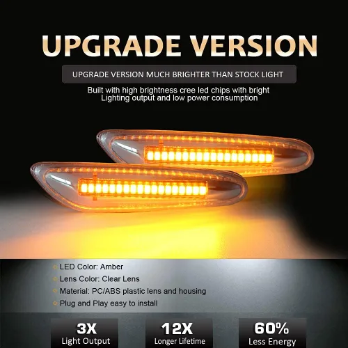 Vista 2 de D-Lumina Luces direccionales LED cromadas para BMW E90 E91 E92 E93 E46 E53 E60 E61 X3 E83 X1 E84 E81 E82 E87 E88, lente transparente ámbar lámparas