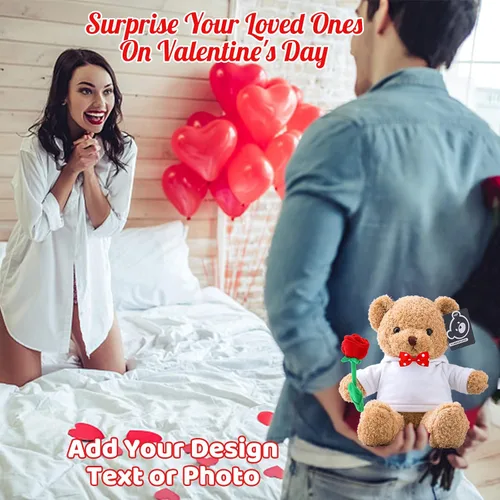 Vista 4 de Oso de peluche con rosa y lazo como regalo personalizado de San Valentín para ella o él, oso de peluche personalizado con nombre o texto