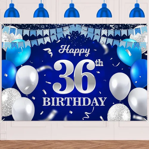 Vista 81 de Bandera de feliz primer cumpleaños con fondo azul marino, globos, confeti, bandera de rayas, luces de puntos, felicitaciones por el tema de 1 año