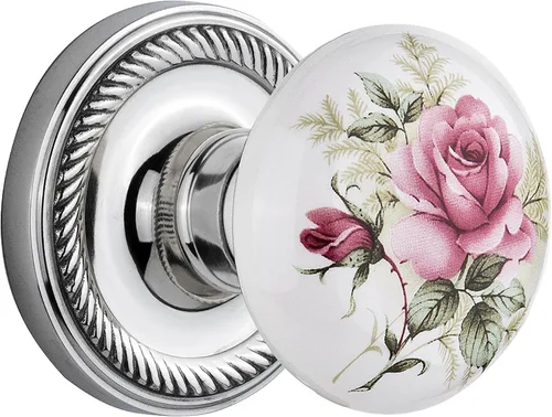 Vista 3 de Nostalgic Warehouse 711306, Mortaja de 2.25 pulgadas, roseta de cuerda de latón antiguo con perilla de porcelana rosa blanca
