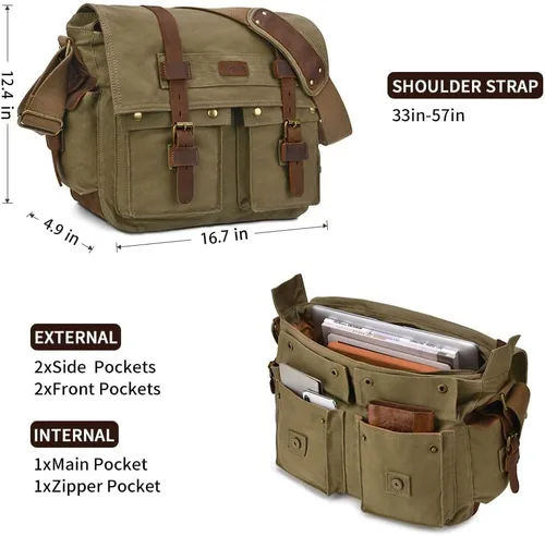 Vista 4 de Kattee Military Messenger Bag Canvas Leather Shoulder Bag Fits 14.715.6 Inch Laptop