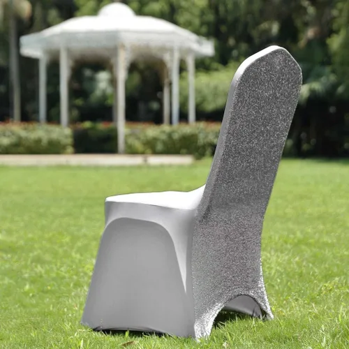 Vista 8 de Tableclothsfactory Funda elástica para silla de banquete de elastano negro con brillo metálico para eventos de comedor para banquete de boda
