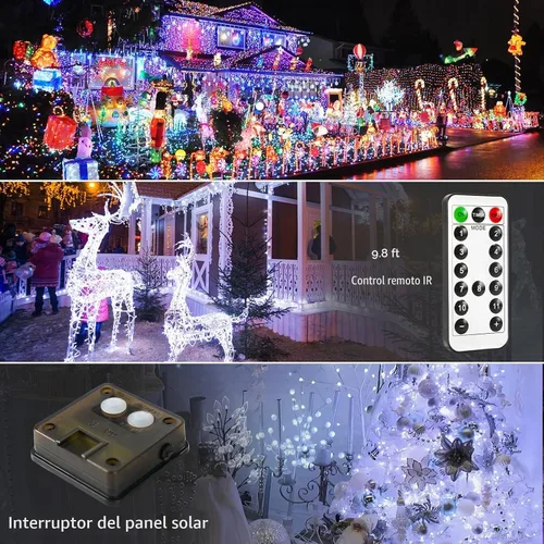 Vista 4 de JMEXSUSS Paquete de 2 luces solares de Navidad impermeables para exteriores, 100 LED de 33 pies, color blanco y multicolor, luces solares de hadas
