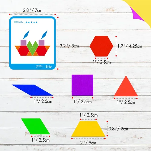 Vista 2 de 155 PIEZAS Juego de Bloques de Patrón de Madera, 24 Tarjetas de Diseño Doble Cara (48 Patrones) Rompecabezas de Forma Geométrica Divertido Tangram